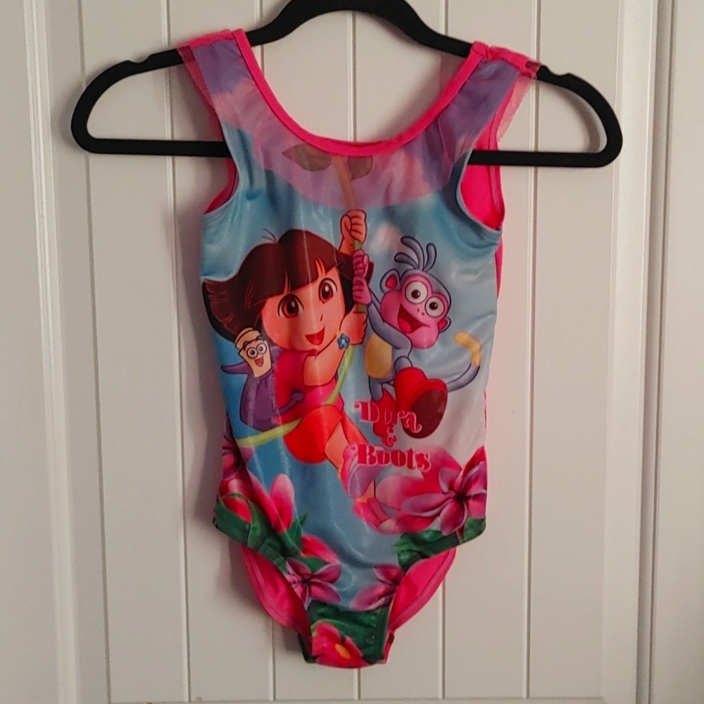 Dora and Boots one piece  pink and blue swimming bathing suit size 6x